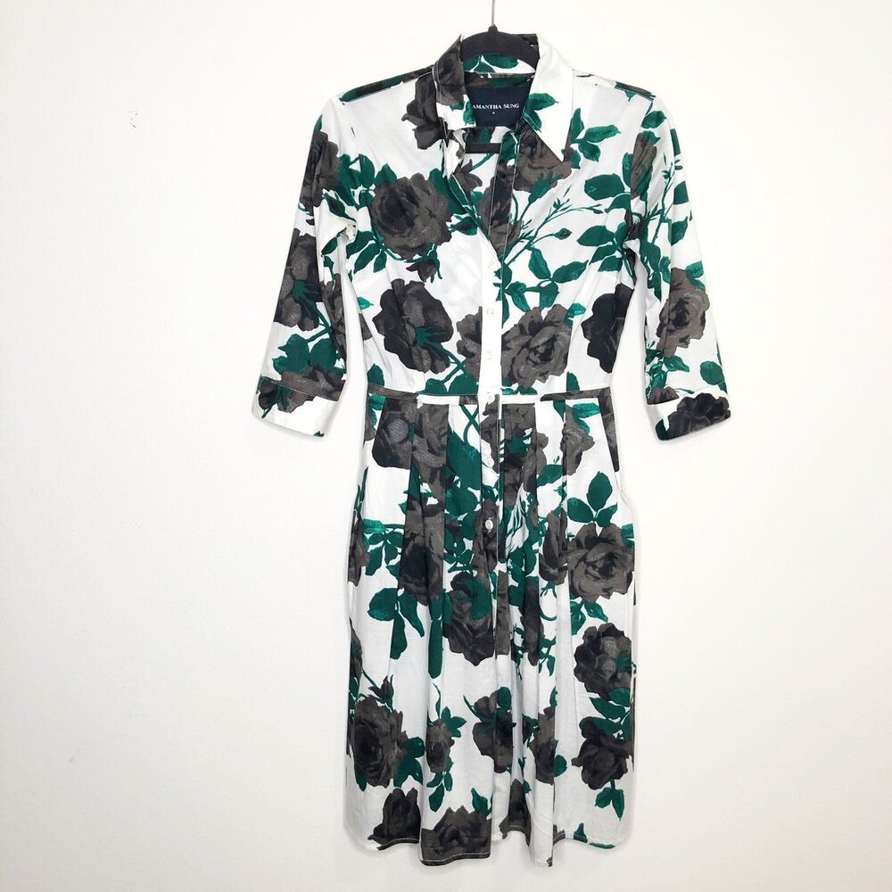 Samantha Sung Audrey Floral Shirt Dress Short Sleeve Tropical Chic Size 0